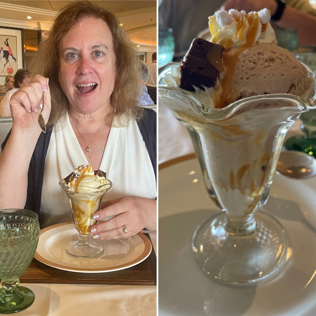 Lisa, with eyes and mouth open wide, is about to dig in to the massive sundae that’s served in a parfait glass.