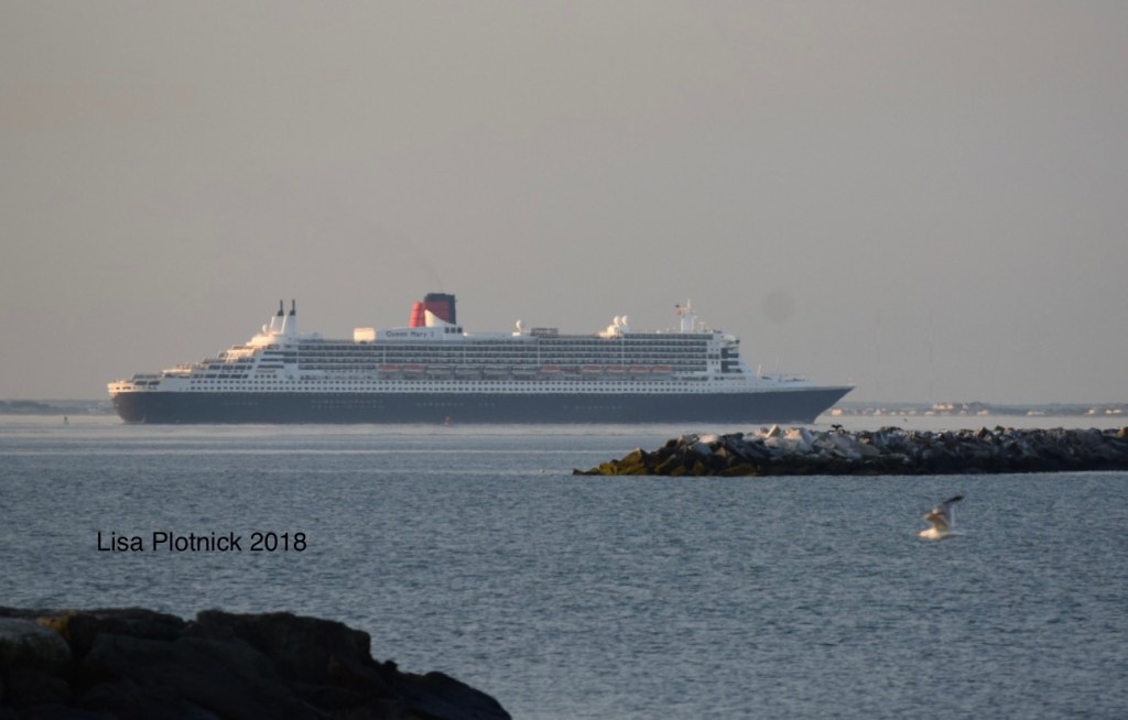 A photo by Lisa in 2018 showing Queen Mary 2 in profile at sea as viewed from a rocky beach