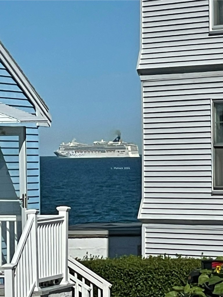 A midsize cruise ship on the near horizon is framed between two coastal houses one with white siding and one with blue siding. The photo is credited to L. Plotnick, 2024.