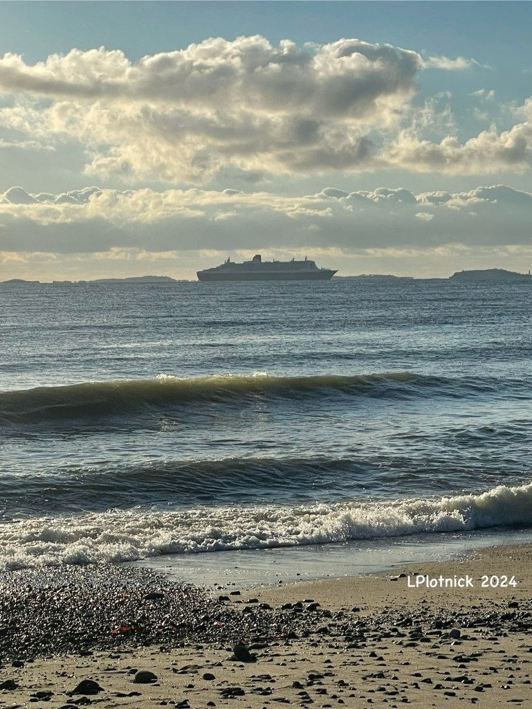 A distant view of Queen Mary 2 in silhouette as waves lap against the rocky beach. 