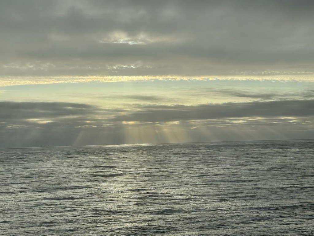 Multiple rays of sunlight stream through breaks in thick clouds over a calm ocean horizon