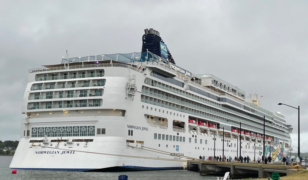 A cruise ship with white hull is tied to a simple concrete pier adorned with some greenery. The ship is 9 decks high and has a dark blue funnel with the N C L logo. The name Norwegian Jewel is on the stern under a row of large windows. 