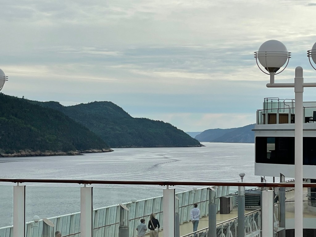 A cruise ship’s glass-railed decks overlook a broad calm silvery waterway winding between steep, forested hills. The hills narrow into the distance beneath a pale, overcast sky. Rocky shorelines trace the base of the hills, and subtle currents ripple across the water.