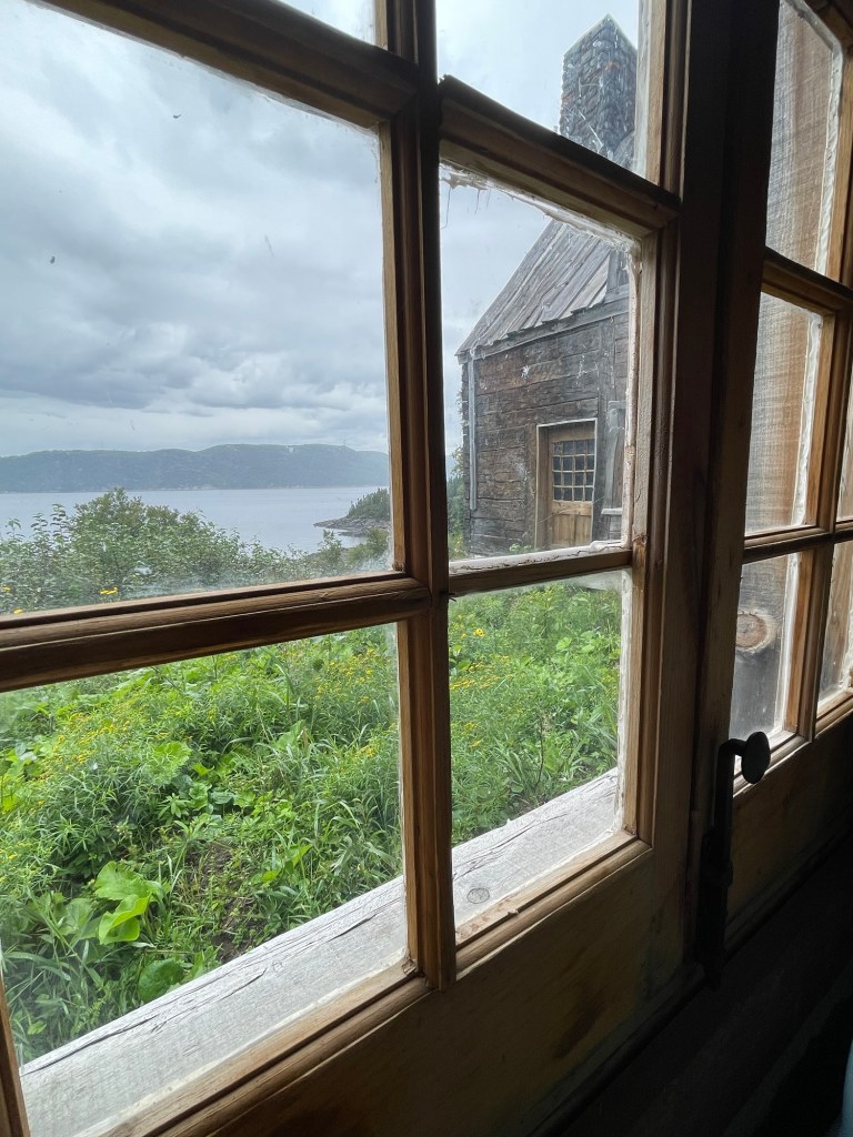 Through old lookingwooden window frames, green vegetation and yellow wildflowers border a calm coastal inlet, with forested hills across the water. A weathered wooden outbuilding stands just outside the window.